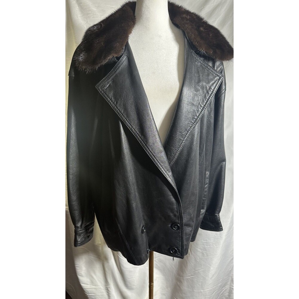 Vintage Evan Arpelli Black Leather Jacket Sz. M Double Breasted Mink collar
